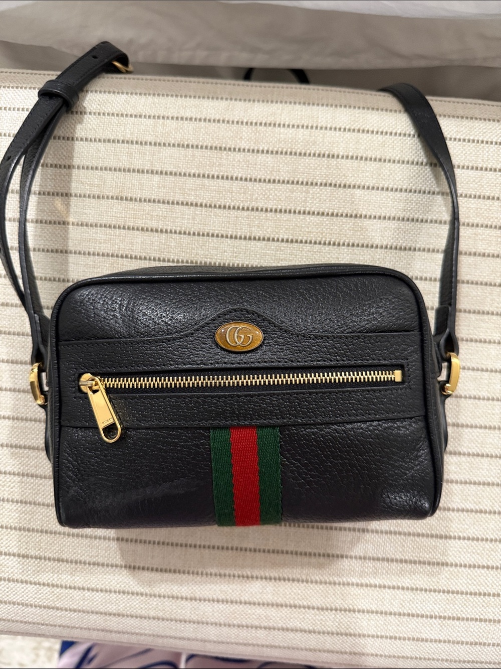 Gucci Black Leather Crossbody with Red-Green Web Stripe and Gold Hardware